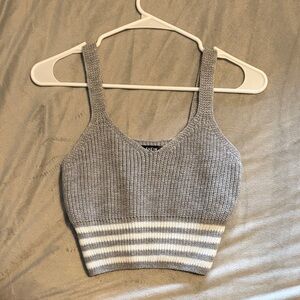 Grey Ribbed Knit Tank Crop Top with Striped Hem